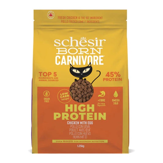 Schesir Born Carnivore Chicken & Egg Cat Food | 45% Protein | Fresh Chicken 1st Ingredient | Oven Baked | Grain Free | 1.25kg