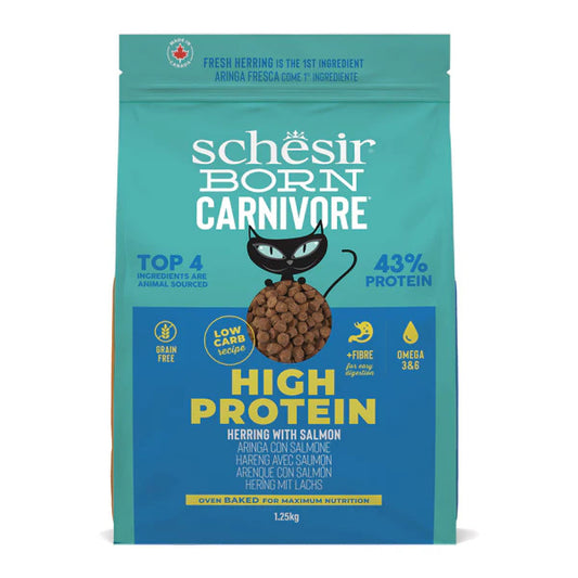 Schesir Born Carnivore Herring & Salmon Cat Food | 43% Protein | Fresh Herring 1st Ingredient | Oven Baked | Grain Free | 1.25kg