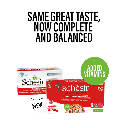 Schesir Complete Tuna with Shrimp Mini Meal in Jelly | 100% Natural Fillets | Added Vitamins | Adult Cat | 6x50g