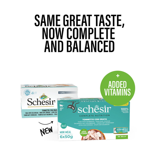 Schesir Complete Tuna with Seabream Mini Meal in Jelly | 100% Natural Fillets | Added Vitamins | Adult Cat | 6x50g