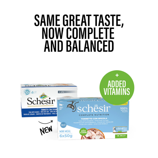 Schesir Complete Tuna with Seabass Mini Meal in Jelly | 100% Natural Fillets | Added Vitamins | Adult Cat | 6x50g