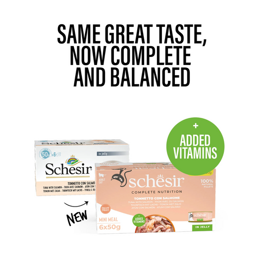 Schesir Complete Tuna with Salmon Mini Meal in Jelly | 100% Natural Fillets | Added Vitamins | Adult Cat | 6x50g