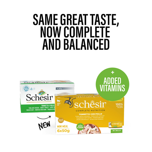 Schesir Complete Tuna with Chicken Mini Meal in Jelly | 100% Natural Fillets | Added Vitamins | Adult Cat | 6x50g