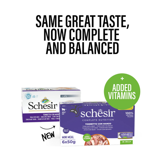 Schesir Complete Tuna with Beef Mini Meal in Jelly | 100% Natural Fillets | Added Vitamins | Adult Cat | 6x50g
