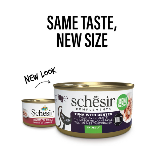 Schesir Complements Tuna with Dentex in Jelly | 51% Tuna, 6% Dentex | Complementary Cat Food | Original Recipe | 70g x 12