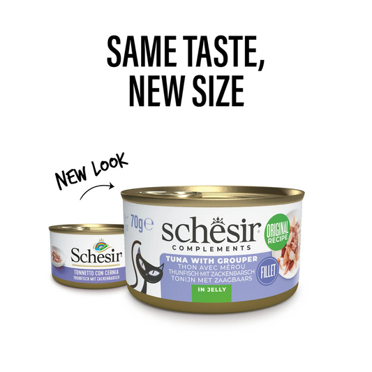 Schesir Complements Tuna with Grouper in Jelly | 51% Tuna, 6% Grouper | Complementary Cat Food | 70g x 12