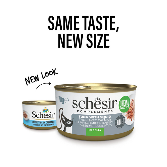 Schesir Complements Tuna with Squid in Jelly | 51% Tuna, 6% Squid | Complementary Cat Food | 70g x 12