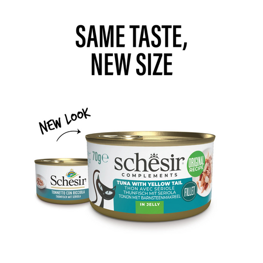 Schesir Complements Tuna with Yellow Tail in Jelly | 51% Tuna, 6% Yellow Tail | Complementary Cat Food | 70g x 12
