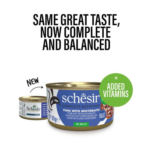 Schesir Complete Tuna with Whitebait in Jelly | 100% Natural Fillets | Added Vitamins | Adult Cat | 12x85g