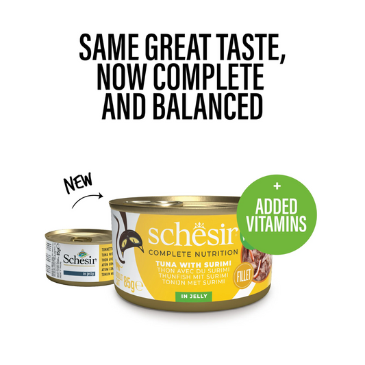 Schesir Complete Tuna with Surimi in Jelly | 100% Natural Fillets | Added Vitamins | Adult Cat | 12x85g