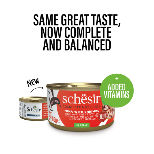 Schesir Complete Tuna with Shrimp in Jelly | 100% Natural Fillets | Added Vitamins | Adult Cat | 12x85g