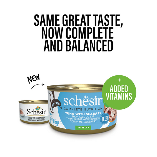 Schesir Complete Tuna with Seabass in Jelly | 100% Natural Fillets | Added Vitamins | Adult Cat | 12x85g