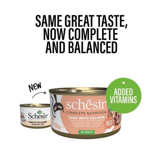 Schesir Complete & Balanced Tuna with Salmon in Jelly | Added Vitamins | 100% Natural Fillets | Adult Cat | 85g