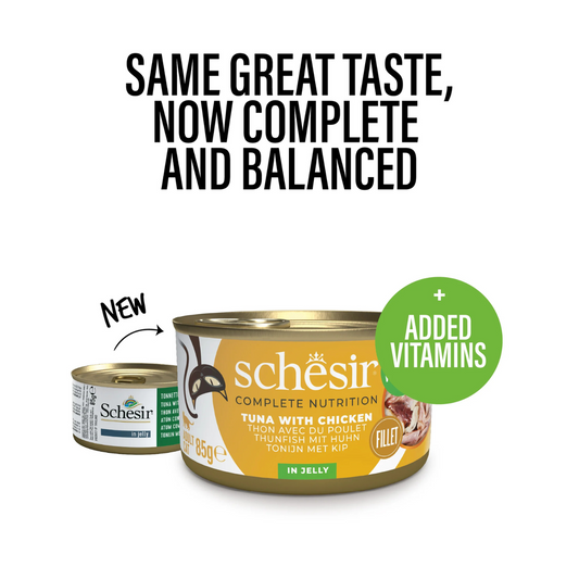 Schesir Complete Tuna with Chicken in Jelly | 100% Natural Fillets | Added Vitamins | Adult Cat | 12x85g