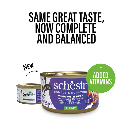 Schesir Complete Tuna with Beef in Jelly | 100% Natural Fillets | Added Vitamins | Adult Cat | 12x85g