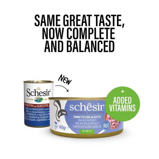 Schesir Complete Tuna with Whitebait in Jelly | 100% Natural Fillets | Added Vitamins | Adult Cat | 8x140g