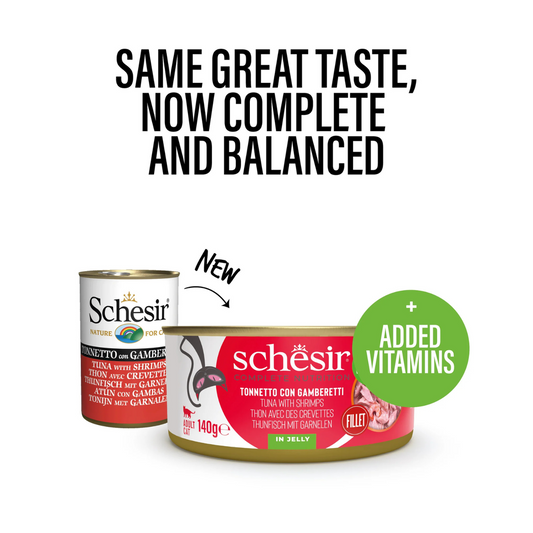 Schesir Complete Tuna with Shrimp in Jelly | 100% Natural Fillets | Added Vitamins | Adult Cat | 8x140g