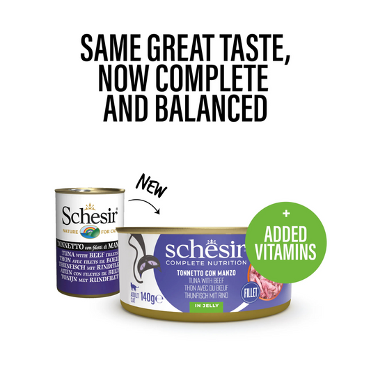 Schesir Complete Tuna with Beef in Jelly | 100% Natural Fillets | Added Vitamins | Adult Cat | 8x140g