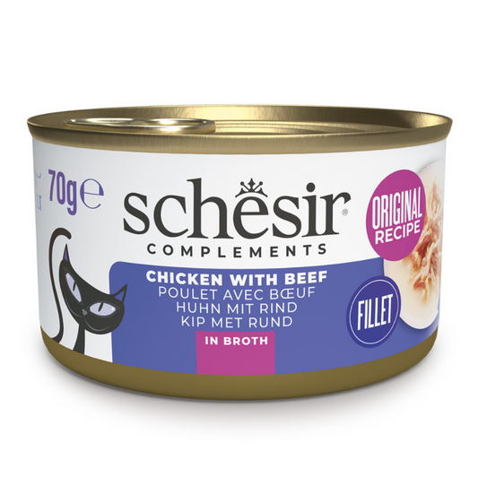 Schesir Complements Chicken with Beef in Broth | Fillet in Broth | Complementary Cat Food | 70g x 12