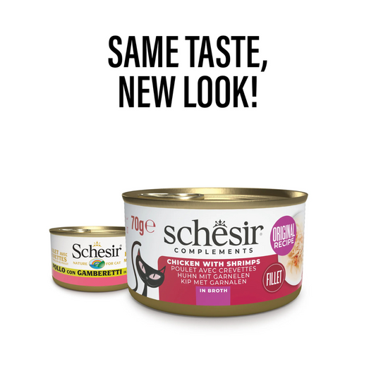 Schesir Complements Chicken with Shrimp in Broth | 100% Natural Fillets | Original Recipe | Complementary Cat Food | 12x70g