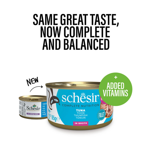 Schesir Complete Tuna in Broth | 100% Natural Fillets | Added Vitamins | Adult Cat | 12x85g
