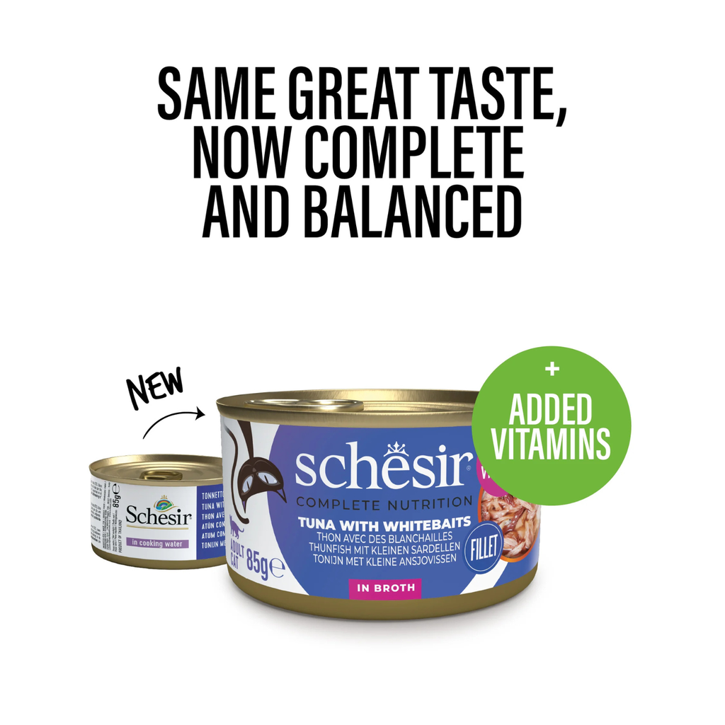 Schesir Complete Tuna with Whitebait in Broth | 100% Natural Fillets | Added Vitamins | Adult Cat | 12x85g