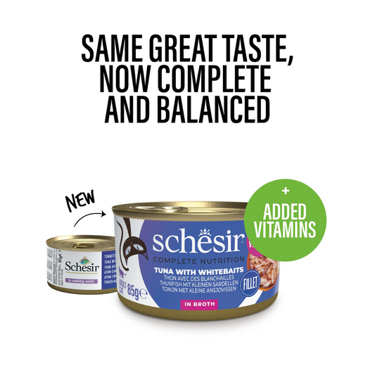Schesir Complete Tuna with Whitebait in Broth | 100% Natural Fillets | Added Vitamins | Adult Cat | 12x85g