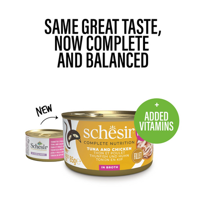 Schesir Complete Tuna with Chicken in Broth | 100% Natural Fillets | Added Vitamins | Adult Cat | 12x85g