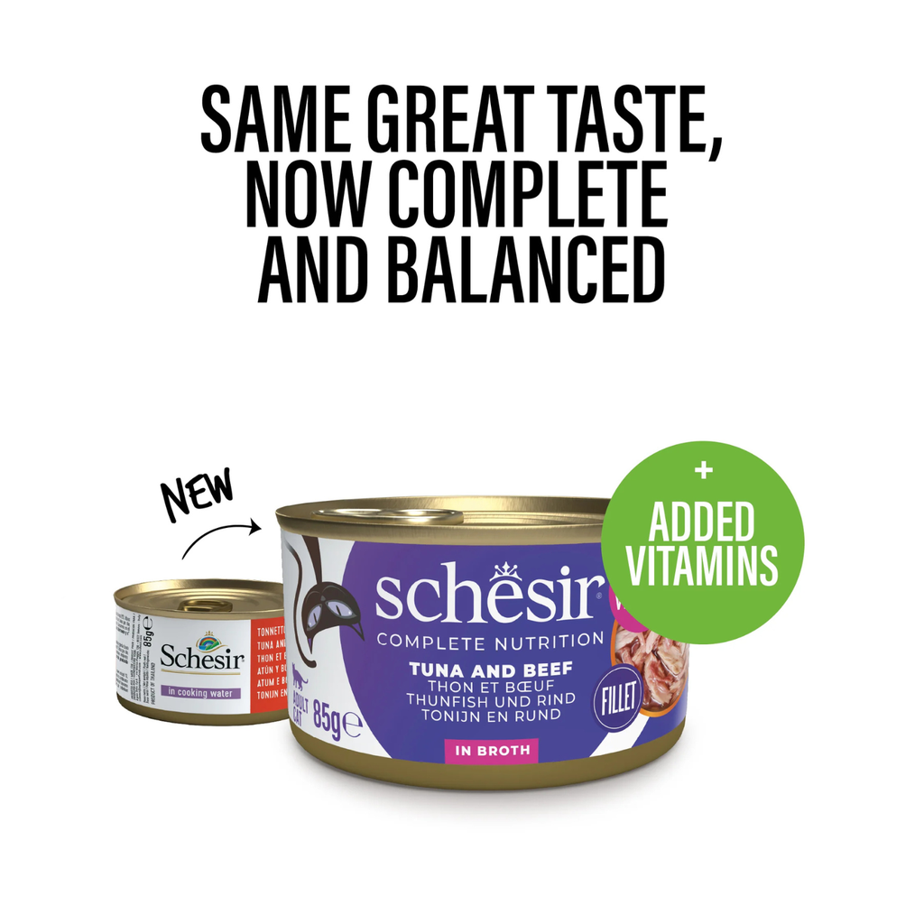 Schesir Complete Tuna with Beef in Broth | 100% Natural Fillets | Added Vitamins | Adult Cat | 12x85g