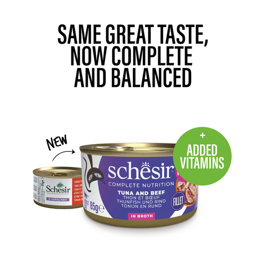 Schesir Complete Tuna with Beef in Broth | 100% Natural Fillets | Added Vitamins | Adult Cat | 12x85g