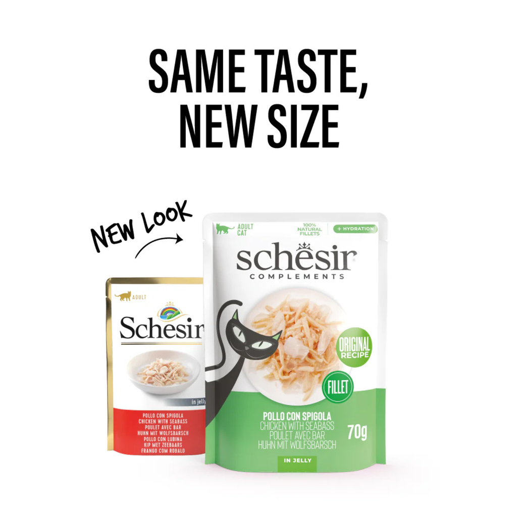 Schesir Complements Chicken with Seabass in Jelly | 100% Natural Fillets | Original Recipe | Complementary Cat Food | 12 x 70g