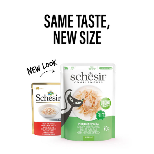 Schesir Complements Chicken with Seabass in Jelly | 100% Natural Fillets | Original Recipe | Complementary Cat Food | 12 x 70g