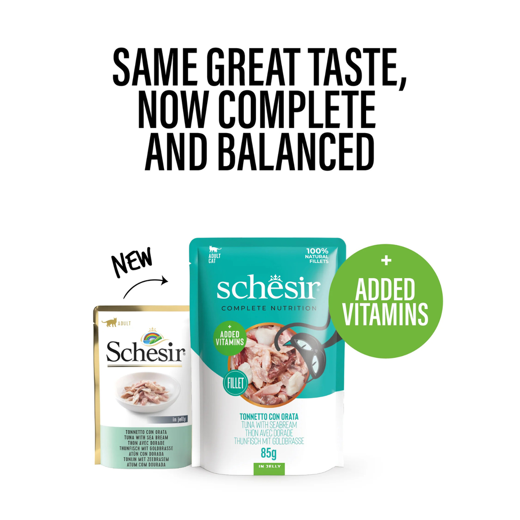 Schesir Complete Tuna with Seabream in Jelly | 100% Natural Fillets | Added Vitamins | Adult Cat | 12x85g