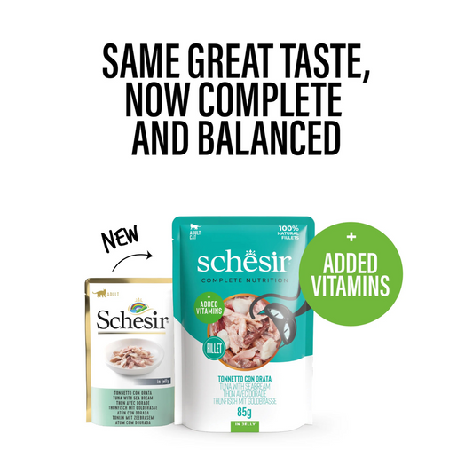 Schesir Complete Tuna with Seabream in Jelly | 100% Natural Fillets | Added Vitamins | Adult Cat | 12x85g