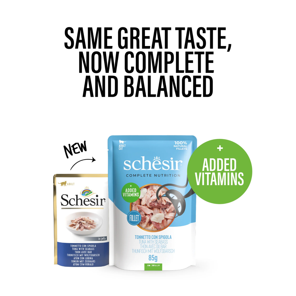 Schesir Complete Tuna with Seabass in Jelly | 100% Natural Fillets | Added Vitamins | Adult Cat | 12x85g