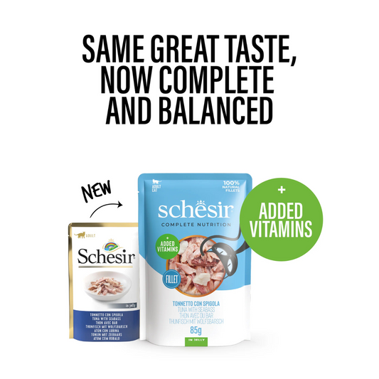 Schesir Complete Tuna with Seabass in Jelly | 100% Natural Fillets | Added Vitamins | Adult Cat | 12x85g