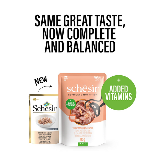 Schesir Complete Tuna with Salmon in Jelly | 100% Natural Fillets | Added Vitamins | Adult Cat | 12x85g