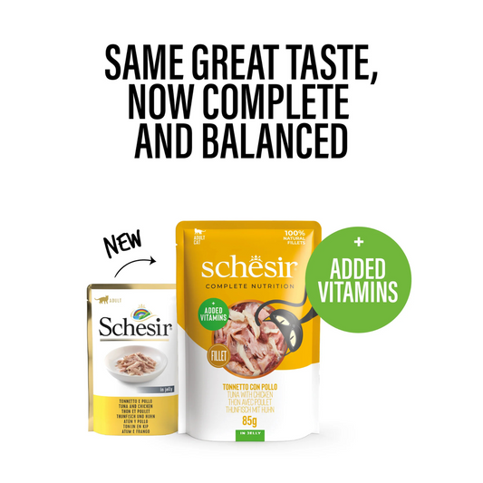 Schesir Complete Tuna with Chicken in Jelly | 100% Natural Fillets | Added Vitamins | Adult Cat | 12x85g