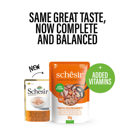 Schesir Complete & Balanced Tuna & Chicken with Shrimp in Jelly | 100% Natural Fillets | Added Vitamins | Adult Cat | 12 x 85g
