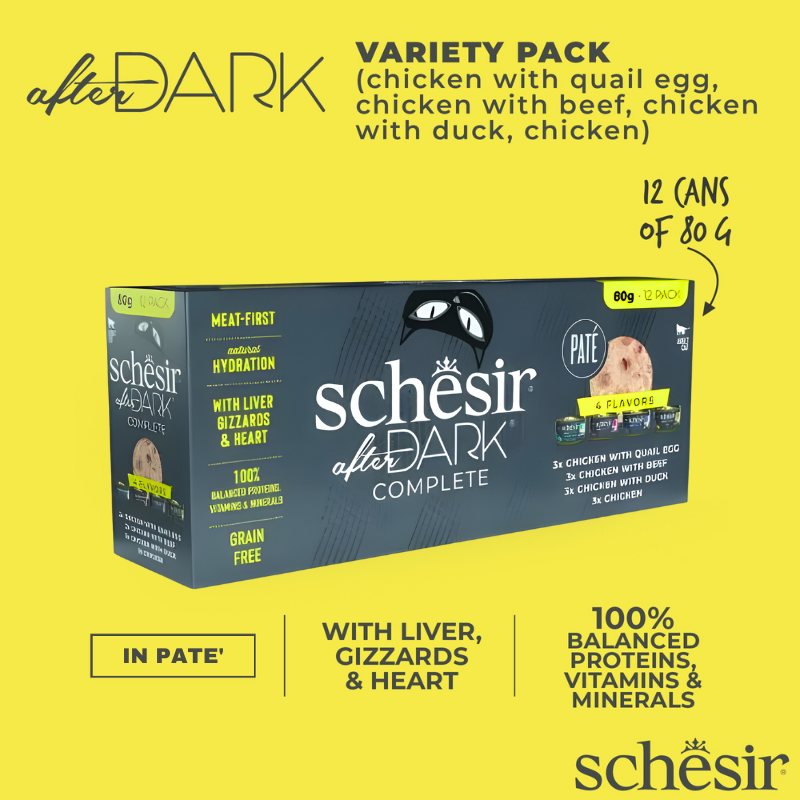 Schesir After Dark Cat Wet Food Pâté Variety Pack | Complete & Balanced | Natural Ingredients | 4 Flavors | 12x80g (960g)
