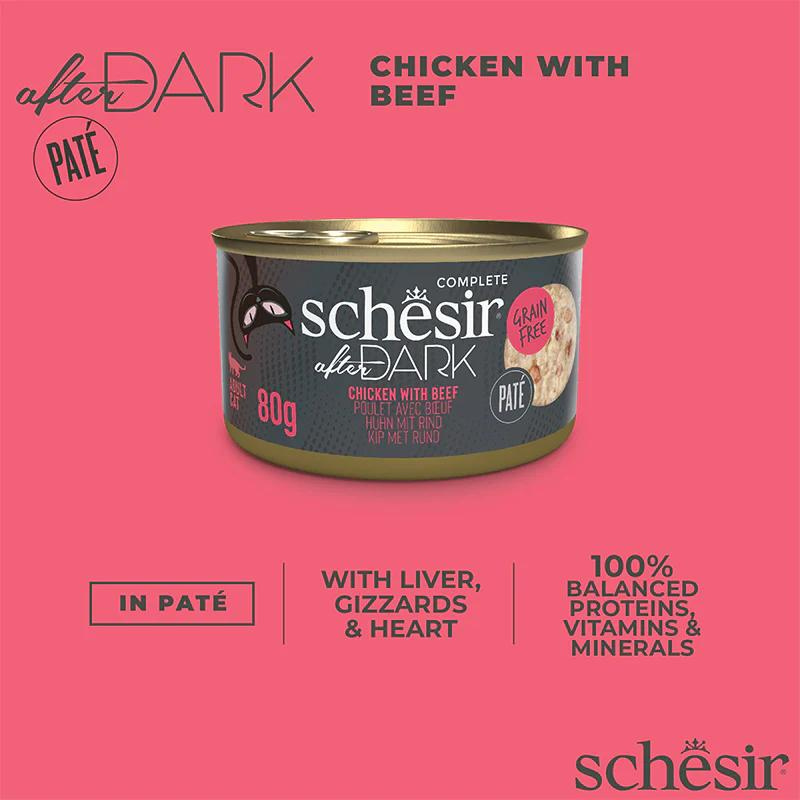 Schesir After Dark Cat Wet Food Chicken with Beef Pâté | Adult Cat | Complete & Balanced | Natural Ingredients | 80g | Min. Order: 12 Cans