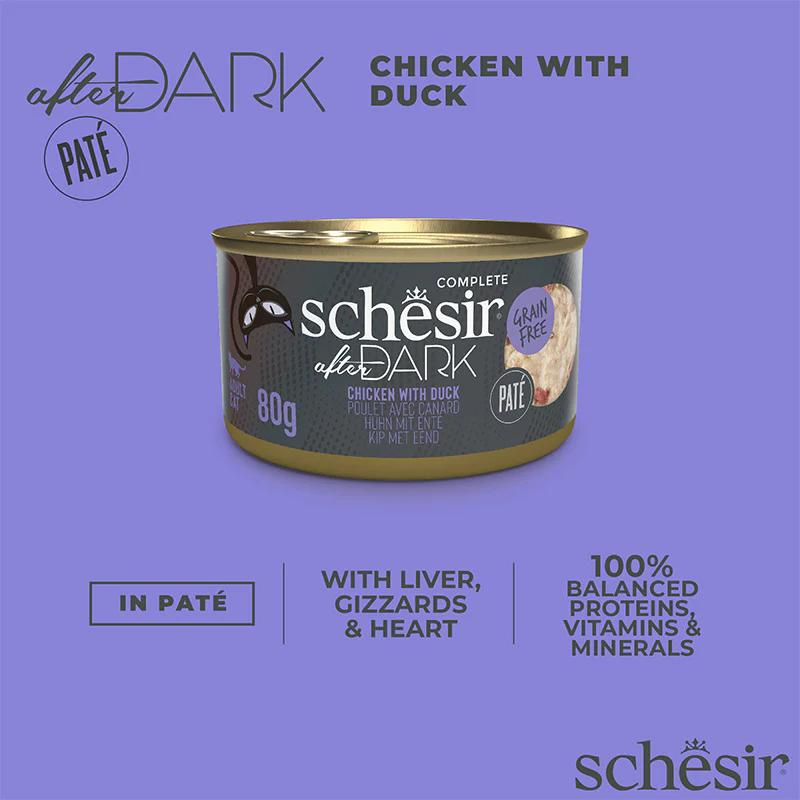 Schesir After Dark Cat Wet Food Chicken with Duck Pâté | Adult Cat | Complete & Balanced | Natural Ingredients | 80g | Min. Order: 12 Cans