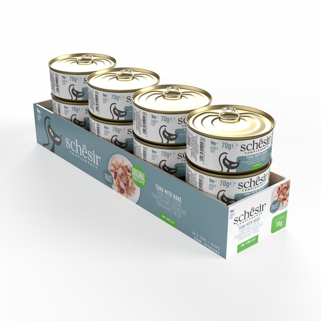 Schesir Cat Wet Food Tuna with Hake in Jelly | Adult Cat | Complementary | Natural Ingredients | 12x70g