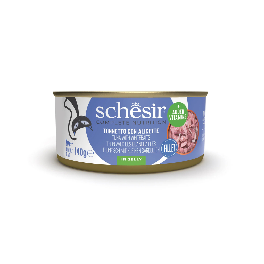 Schesir Complete & Balanced Wet Cat Food Tuna with Whitebait in Jelly | Adult Cat | Complete Nutrition | Natural Ingredients | 8x140g