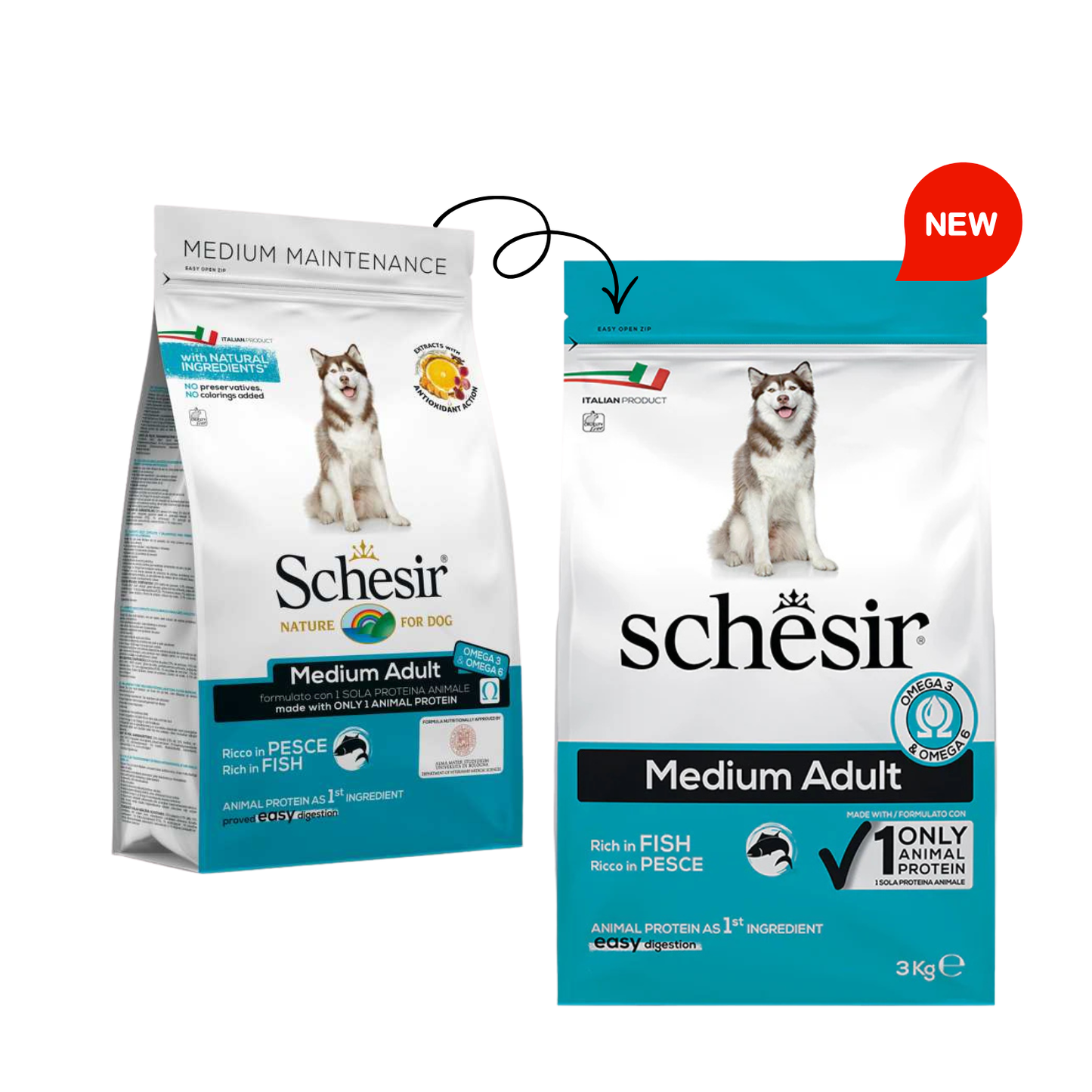 Schesir Medium Adult Dry Food with Fish | Single Protein | Omega-3 & Omega-6 | Easy Digestion | 3kg