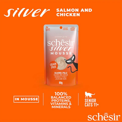 Schesir Silver Mousse Cat Wet Food Salmon & Chicken | Senior Cat | Complete & Balanced | Natural Ingredients | 80g | Min. Order: 12 Pouches
