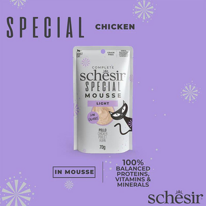 Schesir Special Mousse Light Chicken | Low Calories | Complete | Grain Free | Weight Management | Adult Cat | 12x70g