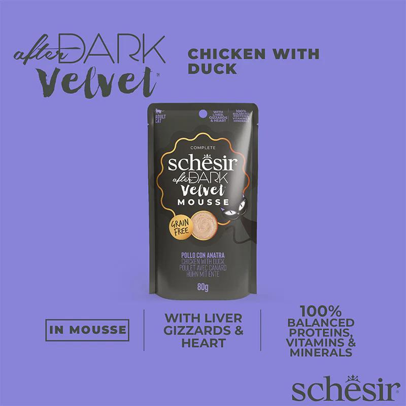 Schesir After Dark Velvet Mousse Chicken with Duck | With Liver, Gizzards & Heart | Complete | Grain Free | Adult Cat | 12x80g