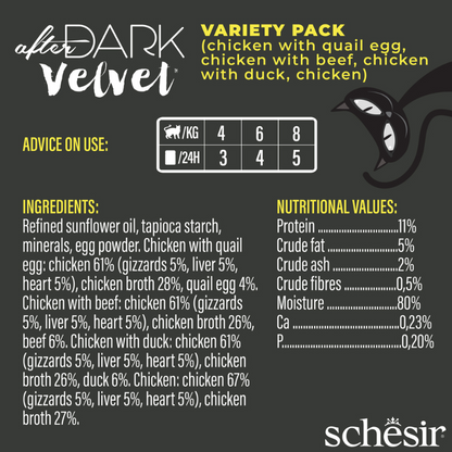 Schesir After Dark Velvet Mousse Variety Pack | 4 Flavors | Chicken, Chicken with Quail Egg, Beef & Duck | With Liver, Gizzards & Heart | 12x80g (960g)