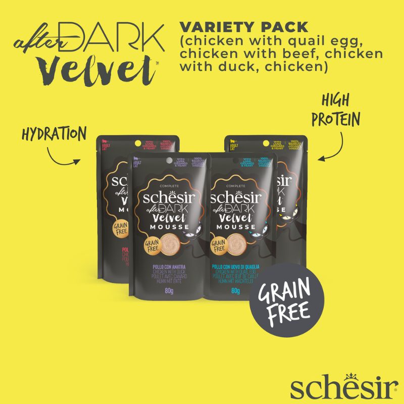 Schesir After Dark Velvet Mousse Variety Pack | 4 Flavors | Chicken, Chicken with Quail Egg, Beef & Duck | With Liver, Gizzards & Heart | 12x80g (960g)